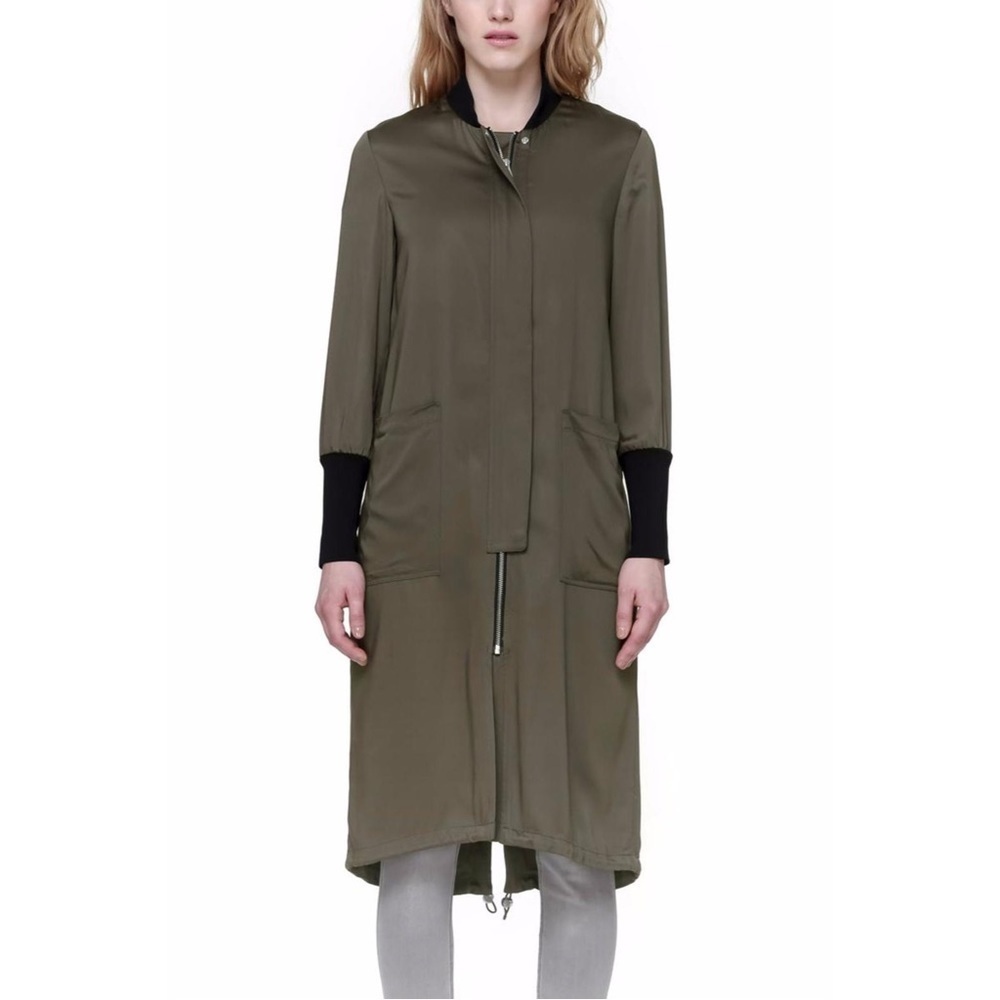Soia & Kyo Bia Bonsai Green Satin Modal Below the Knee Straight Fit Coat NWT S